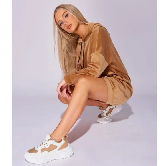 Beige Suede Long Sleeve Hooded Loose Fit Oversized Mini Dress Sweatshirt - Picture 5 of 8